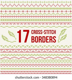 Set of cross stitch pattern for thin borders. Geometric frames for cross-stitch embroidery in classic style. Red and green, vector illustration.