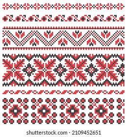 Set of cross stitched borders, black and red colors with floral elements