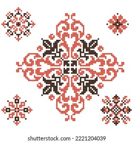 set of cross stitched patterns with floral elements and snowflakes