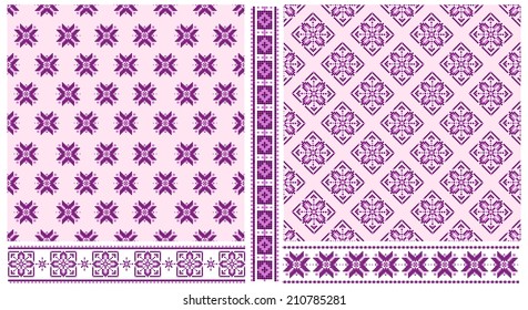 Set of cross stitched seamless patterns and borders
