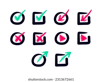 Set of cross, tick checklist, play button, download and share, thick line doodle hand drawn element sign. Abstract vector icon sketch