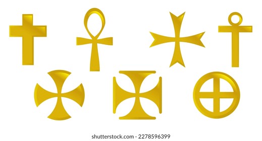 Set cross vector icon, collection of religion symbols isolated in whte background. Symbol 3D golden.