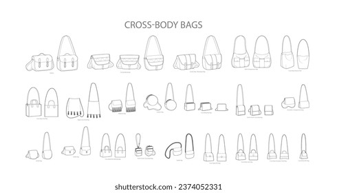 Set of Cross-Body Bags silhouette. Fashion accessory technical illustration. Vector satchel front 3-4 view for Men, women, unisex style, flat handbag CAD mockup sketch outline isolated