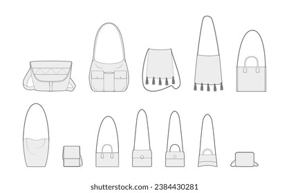 Set of Cross-Body Bags silhouette. Fashion accessory technical illustration. Vector satchel front 3-4 view for Men, women, unisex style, flat handbag CAD mockup sketch outline isolated