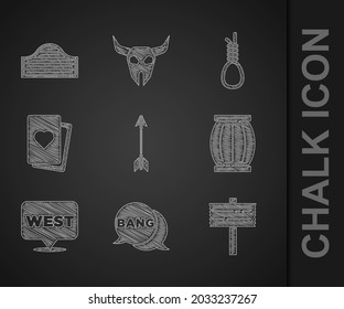 Set Crossed arrows, Bang boom, gun Comic, Road traffic signpost, Gun powder barrel, Pointer to wild west, Deck of playing cards, Gallows rope loop hanging and Saloon door icon. Vector