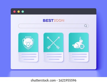 Set Crossed arrows, Bear head on shield and Hunt on rabbit with crosshairs icon. Vector