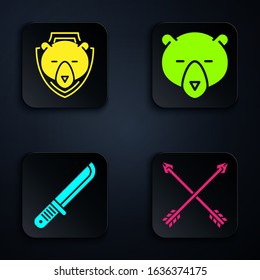 Set Crossed arrows, Bear head on shield, Hunter knife and Bear head. Black square button. Vector