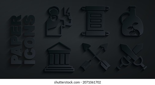 Set Crossed Pfeile, Flasche Olivenöl, Parthenon, mittelalterliches Schwert, Dekret, Pergament, Scroll und Zeus Symbol. Vektorgrafik