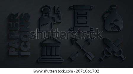 Set Crossed arrows, Bottle of olive oil, Parthenon, medieval sword, Decree, parchment, scroll and Zeus icon. Vector