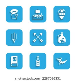 Set Crossed arrows, Bottle of wine, Hunting horn, olive oil, Greek history book, Neptune Trident, Ancient amphorae and helmet icon. Vector