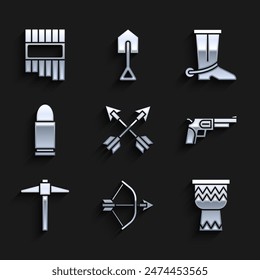 Setzen Sie gekreuzte Pfeile, Bogen und in Köcher, Trommel, Revolverkanone, Spitzhacke, Kugel, Cowboystiefel und Panflöte-Symbol. Vektorgrafik