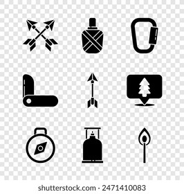 Juego de flechas cruzadas, botella de agua Canteen, mosquetón, brújula, estufa de gas Camping, partido ardiente con fuego, cuchillo del ejército suizo e icono Hipster. Vector