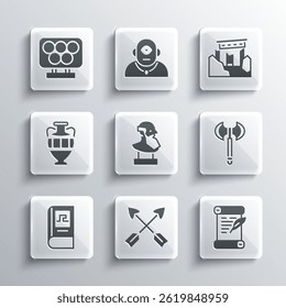 Set Crossed arrows, Decree, parchment, scroll, Medieval axe, Ancient bust sculpture, Greek history book, amphorae, Olympic rings and ruins icon. Vector
