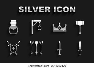 Set Crossed arrows, Hammer, Medieval sword, Dagger, shield with swords, King crown, Poison bottle and Gallows icon. Vector