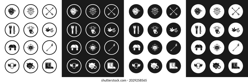 Set Crossed arrows, Hunt on deer with crosshairs, Flashlight and knife, Flying duck shield, Flame and Hunter hat icon. Vector