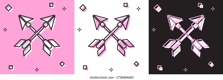 Legen Sie das Symbol Überkreuzte Pfeile fest, das auf rosa und weiß, schwarzem Hintergrund isoliert ist. Vector Illustration