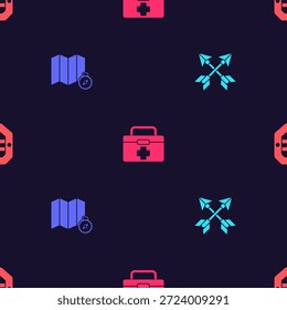 Set Flechas cruzadas, Locación del bosque en el mapa, Botiquín de primeros auxilios y Bote de rafting en patrón transparente. Vector