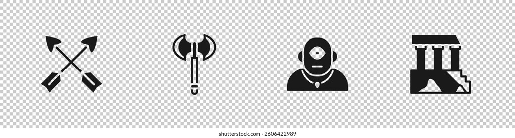 Set Crossed arrows, Medieval axe, Cyclops and Parthenon icon. Vector