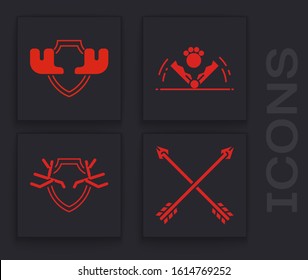 Set Crossed arrows, Moose horns on shield, Trap hunting and Deer antlers on shield icon. Vector