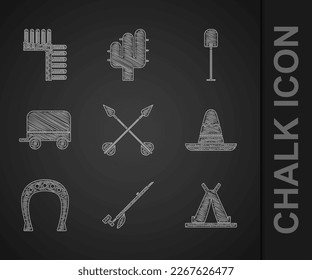 Set Crossed arrows, Native American indian smoking pipe, Indian teepee or wigwam, Mexican sombrero hat, Horseshoe, Wild west covered wagon, Shovel and headdress with feathers icon. Vector