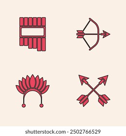 Conjunto de flechas cruzadas, flauta Pan, arco y aljaba en aljaba y tocado indio con icono de plumas. Vector