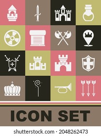 Fijar flechas cruzadas, Escudo, corona de rey de la ubicación, castillo, fortaleza, decreto, pergamino, pergamino, escudo de madera redonda, torre e icono de ejes medievales. Vector