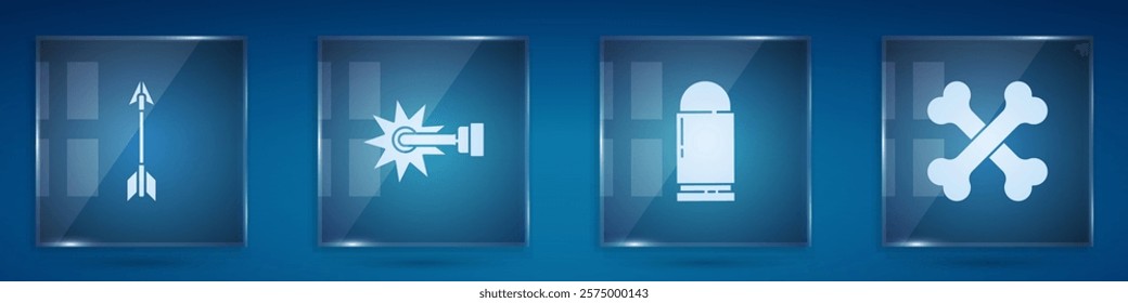 Set Crossed arrows, Spur, Bullet and human bones. Square glass panels. Vector
