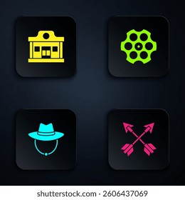 Set Crossed arrows, Wild west saloon, Western cowboy hat and Revolver cylinder. Black square button. Vector