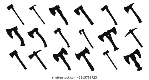 Set of crossed axe and hammer, rustic vector collection isolated on white background, hipster logo design element