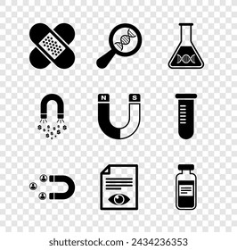 Set Crossed bandage plaster, DNA research, search, , Customer attracting, Paper page with eye and Medical vial, ampoule icon. Vector