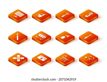 Set Envase de vendaje cruzado, Kit de primeros auxilios, Escamas de cirugía médica, Matraz de tubo de ensayo, Mesa de operación, máscara de oxígeno, Estetioscopio e ícono de taladro dental. Vector