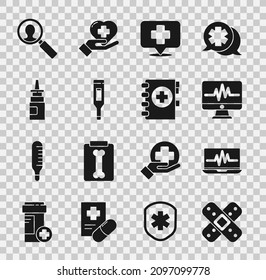 Set Crossed bandage plaster, Laptop with cardiogram, Monitor, Map pointer cross hospital, Medical digital thermometer, Bottle nasal spray, analysis and clipboard icon. Vector