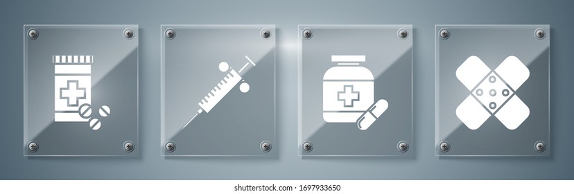 Set Crossed bandage plaster, Medicine bottle and pills, Syringe and Medicine bottle and pills. Square glass panels. Vector