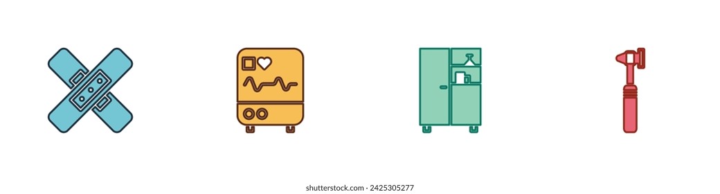 Set Crossed bandage plaster, Monitor with cardiogram, Medicine cabinet and Medical otoscope tool icon. Vector