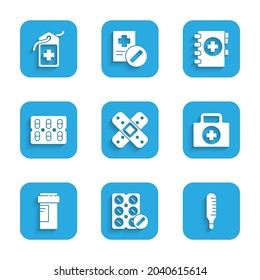 Set Crossed bandage plaster, Pills in blister pack, Medical thermometer, First aid kit, Medicine bottle, clipboard and hospital medical tag icon. Vector