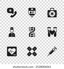 Set Crossed bandage plaster, Test tube with blood, Syringe, DNA symbol, First aid kit, Emergency call 911, IV bag and Male doctor icon. Vector