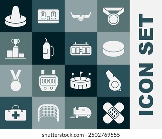 Set Crossed bandage plaster, Whistle, Hockey puck, Ice hockey sticks, Fitness shaker, over sports winner podium, Mallet for playing air and mechanical scoreboard icon. Vector