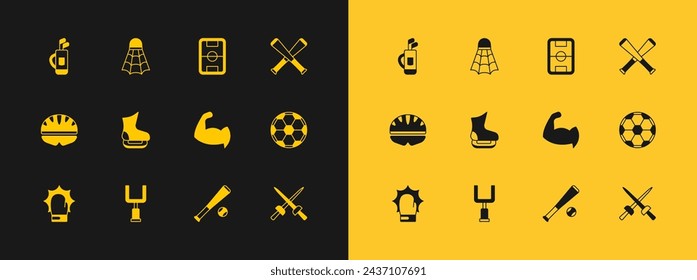 Set Crossed baseball bat, American football goal post, Bodybuilder showing his muscles, Baseball with, Skates, Football field, Golf bag clubs and Badminton shuttlecock icon. Vector