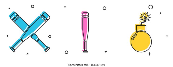 Set Crossed baseball bat, Baseball bat and Bomb ready to explode icon. Vector
