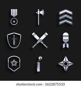 Set Crossed baseball bat, Dynamite bomb stick clock, Japanese ninja shuriken, Aviation, Police badge, Medieval shield with sword, Military rank and reward medal icon. Vector