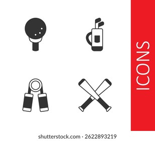 Set Crossed baseball bat, Golf on tee, Sport expander and bag with clubs icon. Vector