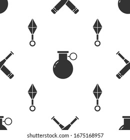 Set Crossed baseball bat, Hand grenade and Japanese ninja shuriken on seamless pattern. Vector