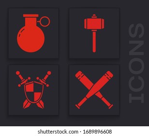 Set Crossed baseball bat, Hand grenade, Battle hammer and Medieval shield with crossed swords icon. Vector