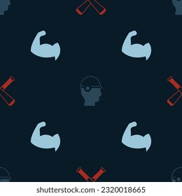 Set Crossed baseball bat, Baseball helmet and Bodybuilder showing his muscles on seamless pattern. Vector