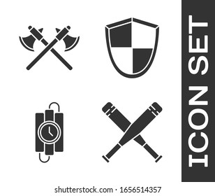 Set Crossed baseball bat, Crossed medieval axes, dynamite stick and timer clock and Shield icon. Vector