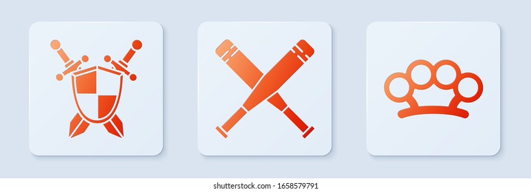 Set Crossed Baseball Fledermaus, mittelalterliches Schild mit Kreuzschwertern und Messingschnüren. Weißer Quadrat-Knopf. Vektorillustration