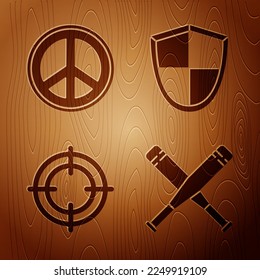 Set Crossed baseball bat, Peace, Target sport and Shield on wooden background. Vector