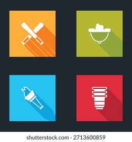 Set Crossed baseball bat, Western cowboy hat, Torch flame and Paper glass icon. Vector