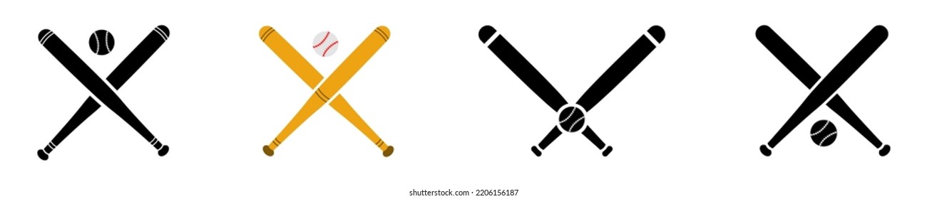 Set of crossed baseball bats and balls vector icons on white background. American outdoor game. Vector 10 EPS.