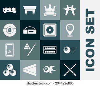 Set Crossed billiard cues, Billiard ball, Location with, Bowling pin, Case for, balls stand and chalk icon. Vector